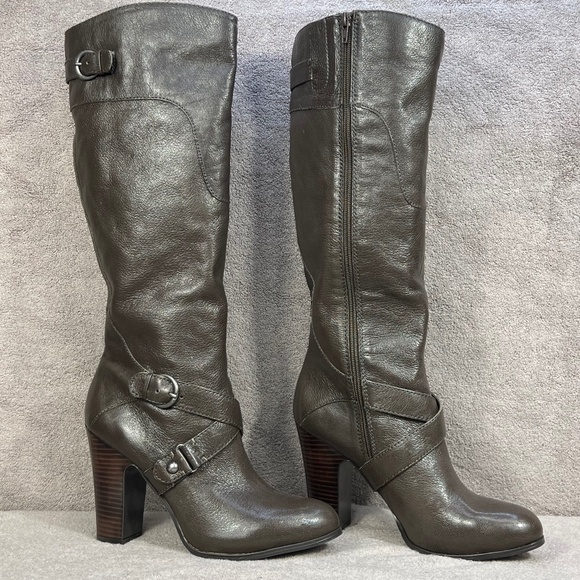Nine West Millicento Pebbled Leather Heel Full Zip Buckle Knee Boots 10M Brown - Picture 1 of 14